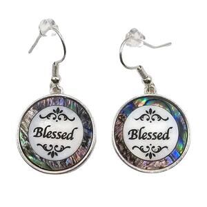 Pierced Blessed Earrings Simulated Abalone & Mother of Pearl Word Silver Tone